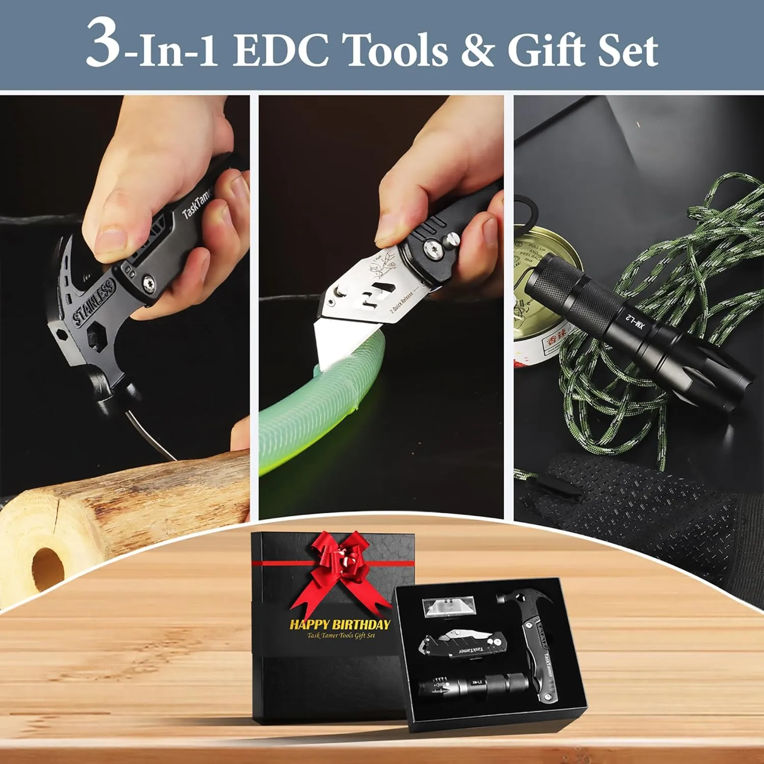 Birthday Gifts for Men, Multitools Gift Set "Happy Birthday", 3 In 1 tools Set with Multi-tool Hammer, Utility Knife & Tactical Flashlight, EDC Toolbox for Car, Gifts Set For Dad Husband for Birthday