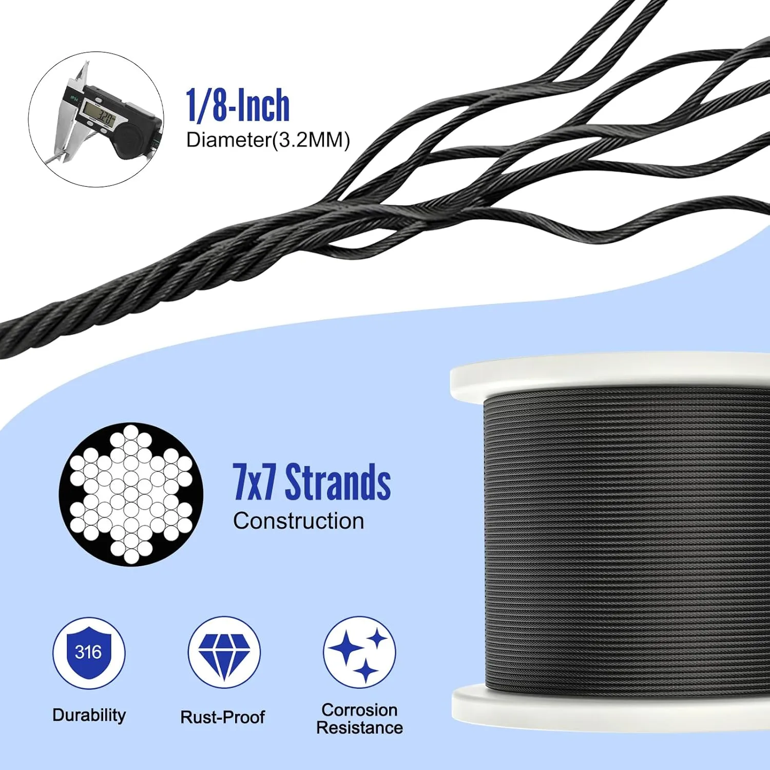 BLIKA 100FT 1/8" Black Stainless Steel Cable with Cutter, T316 Marine Grade, Stainless Steel Wire Rope 7x7 Strand Construction, 1850lbs Breaking Strength Aircraft Cable for Deck Railing