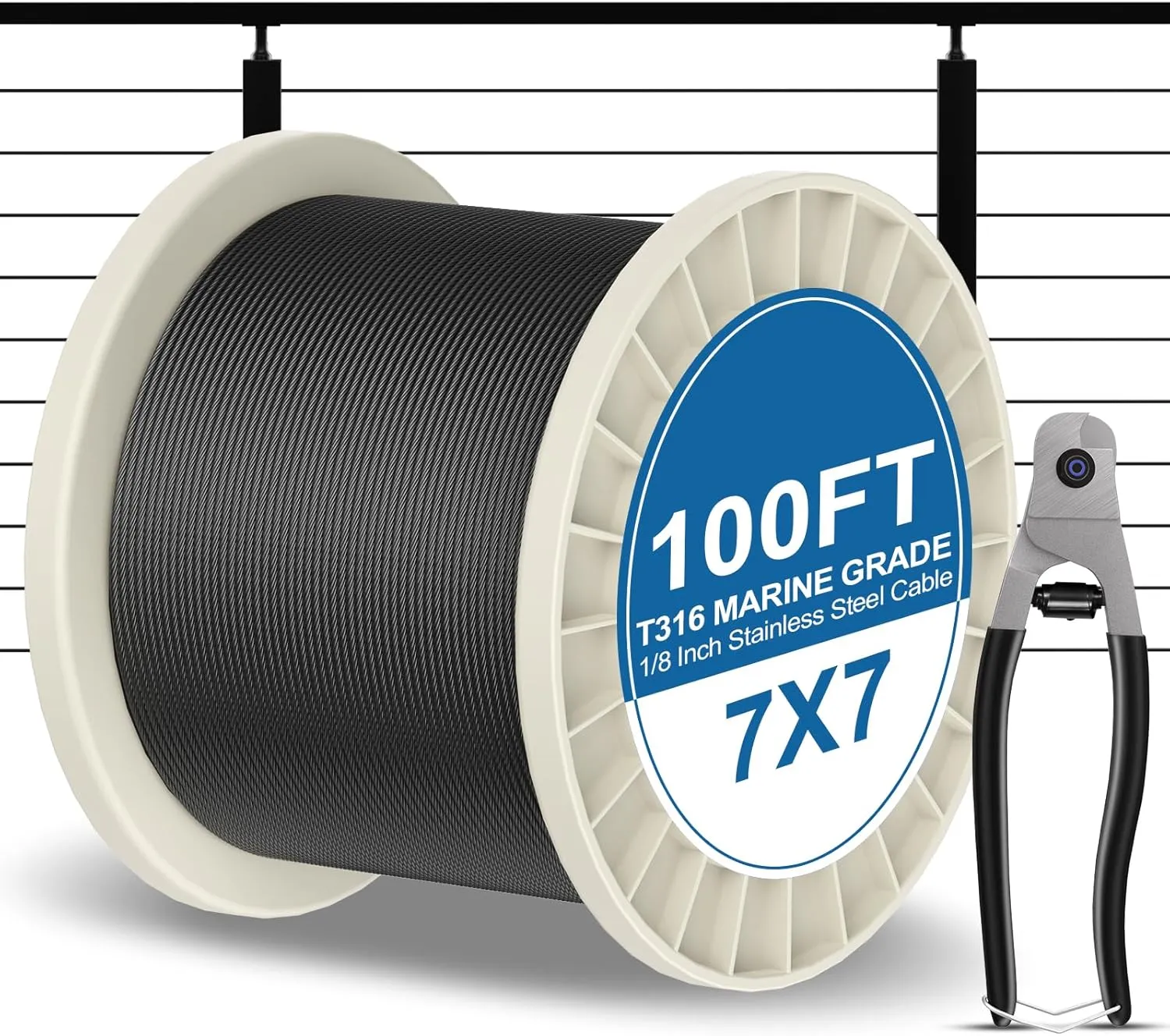 BLIKA 100FT 1/8" Black Stainless Steel Cable with Cutter, T316 Marine Grade, Stainless Steel Wire Rope 7x7 Strand Construction, 1850lbs Breaking Strength Aircraft Cable for Deck Railing