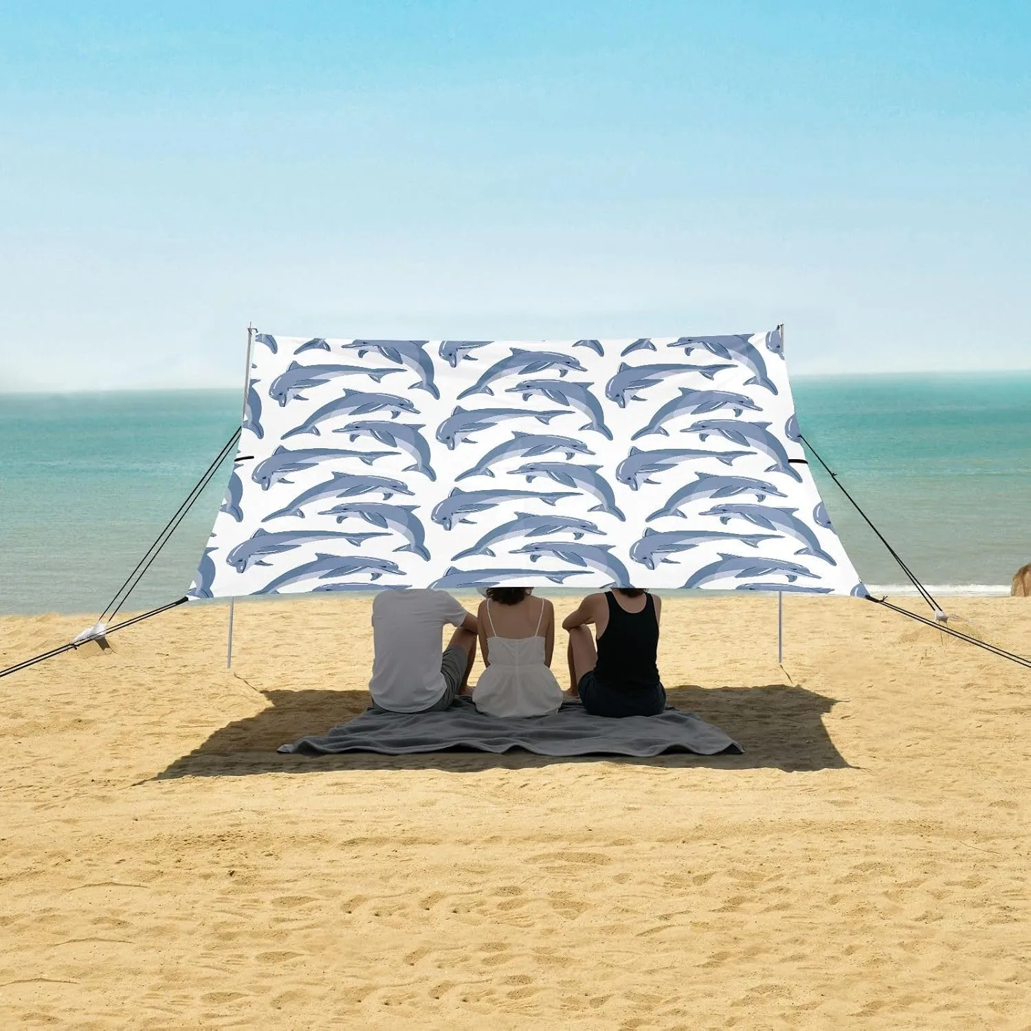 Blue Dolphin Cartoon Style Beach Canopy Tent Anti-UV & Wind Resistant, Camping Sun Shelter Easy Setup Portable,Outdoor Shade Tents with Sandbags,Sand Shovels,Ground Pegs & Stability Poles
