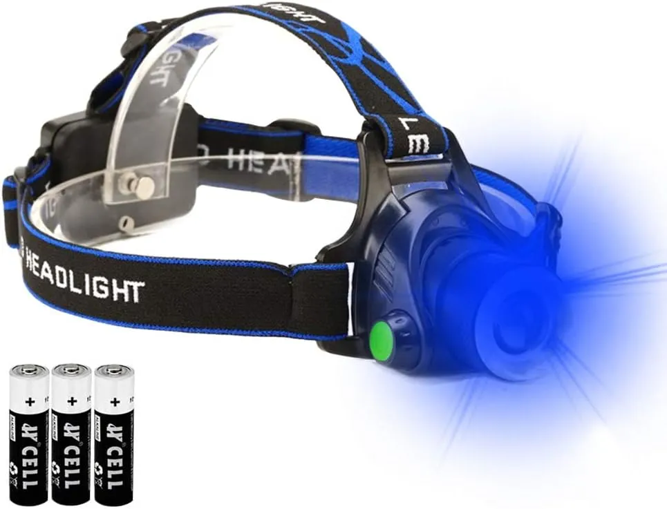 Blue LED Headlamp Flashlight Water Resistant Zoomable 3 Modes Blue Head Lamp for Fishing Hunting Outdoor Activities