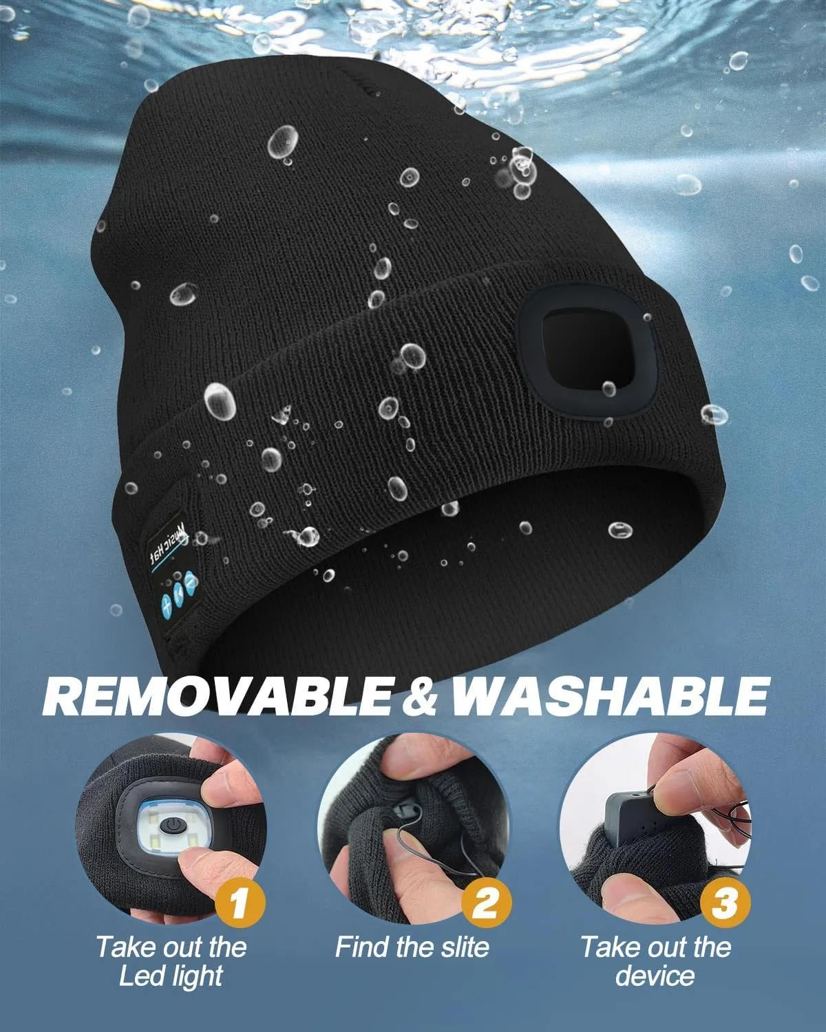Bluetooth Beanie with Light, USB Rechargeable LED Headlamp Winter Hat, Christmas Stocking Stuffers for Men Women