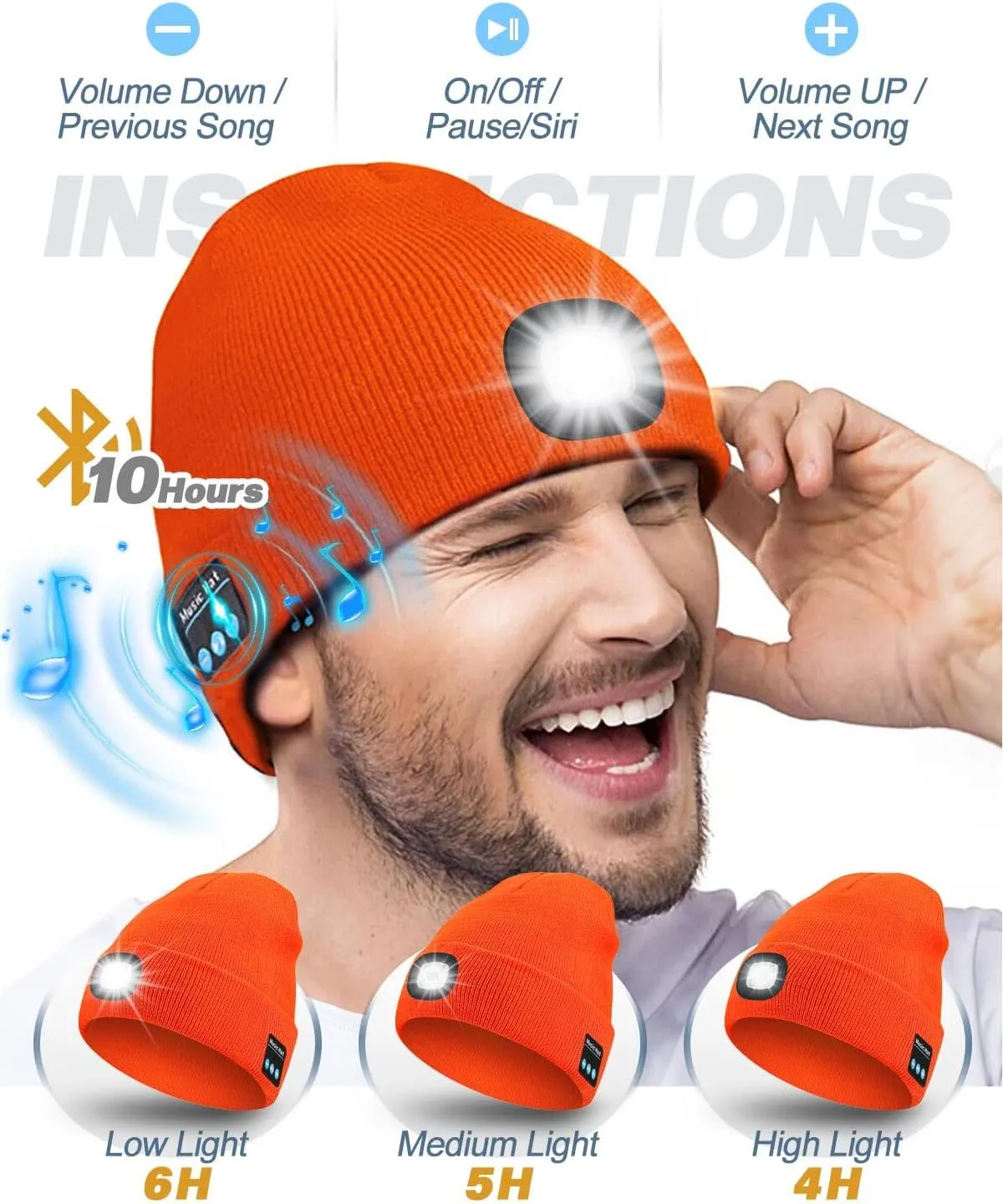 Bluetooth Beanie with Light, USB Rechargeable LED Headlamp Winter Hat, Christmas Stocking Stuffers for Men Women