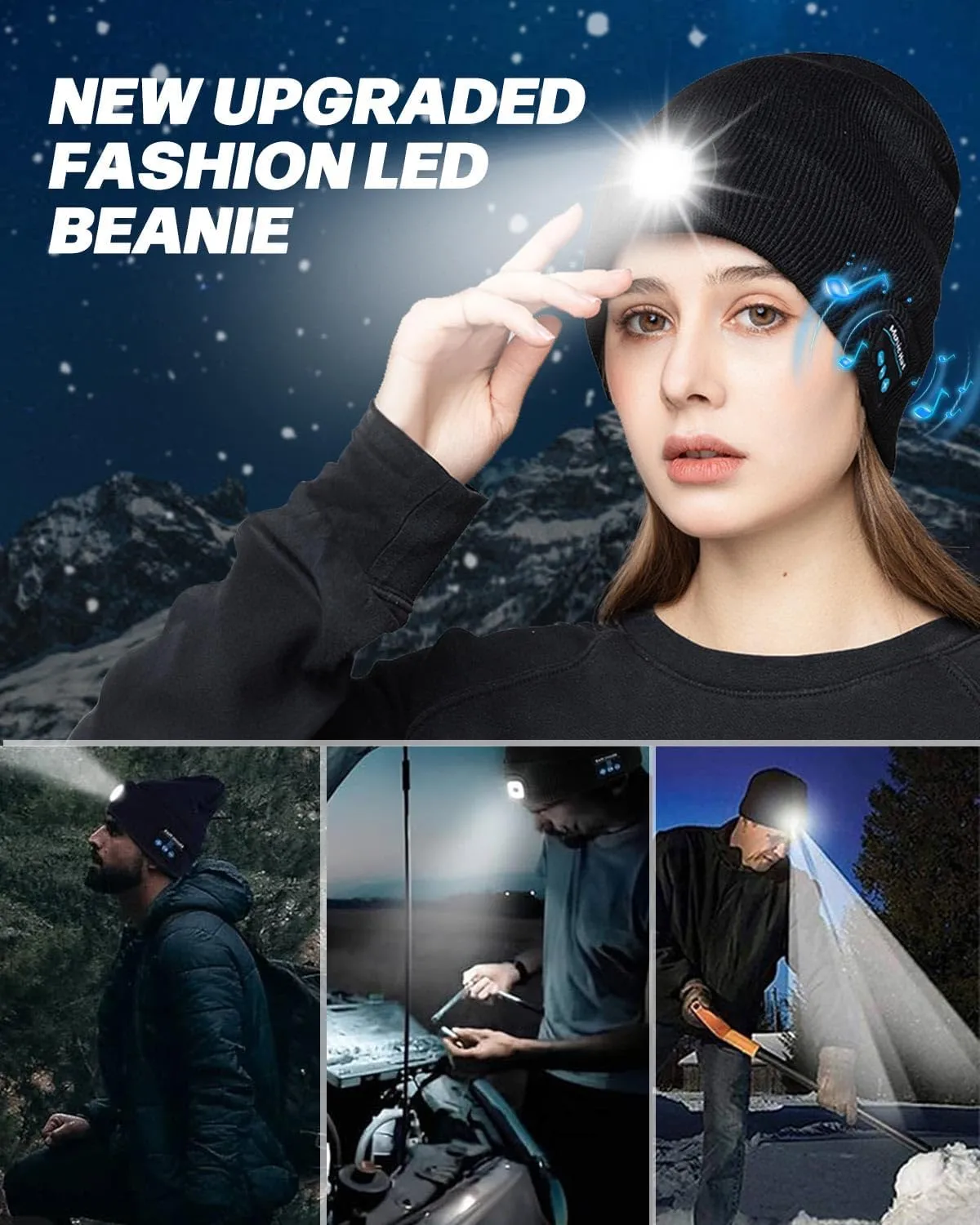 Bluetooth Beanie with Light, USB Rechargeable LED Headlamp Winter Hat, Christmas Stocking Stuffers for Men Women