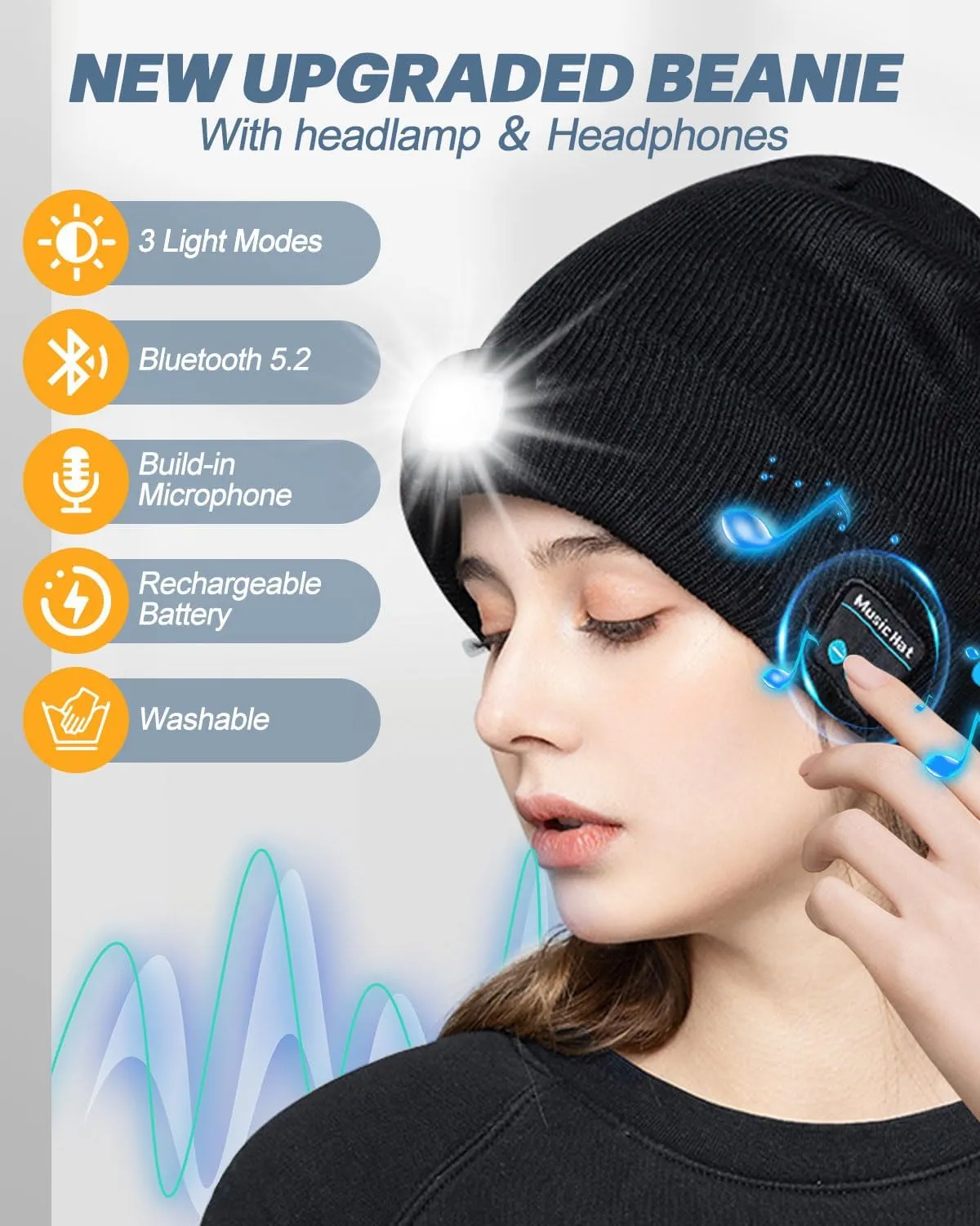 Bluetooth Beanie with Light, USB Rechargeable LED Headlamp Winter Hat, Christmas Stocking Stuffers for Men Women
