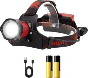 BORUIT B13 LED Rechargeable Headlamp,Super Bright 90°Adjustable 4 Modes Head Lamp,IPX4 Waterproof Battery Headlamps for Adults and Kids Outdoor Camping Running Hiking Fishing Hunting