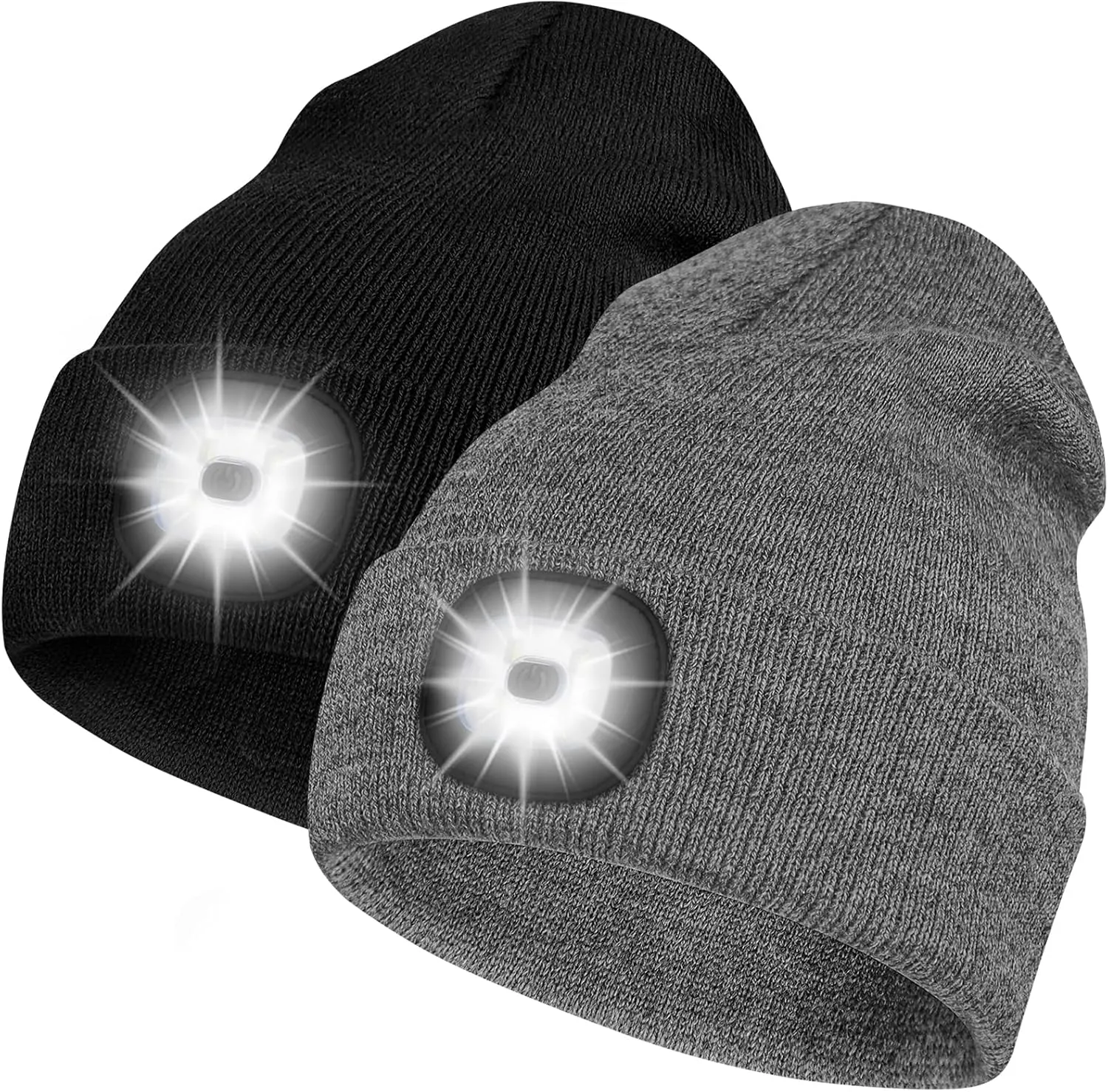 Bosttor LED Beanie Hat with Light 2 Pack, Headlamp Cap, Unisex Winter Knitted Hats Headlight Flashlight Gifts for Men Women