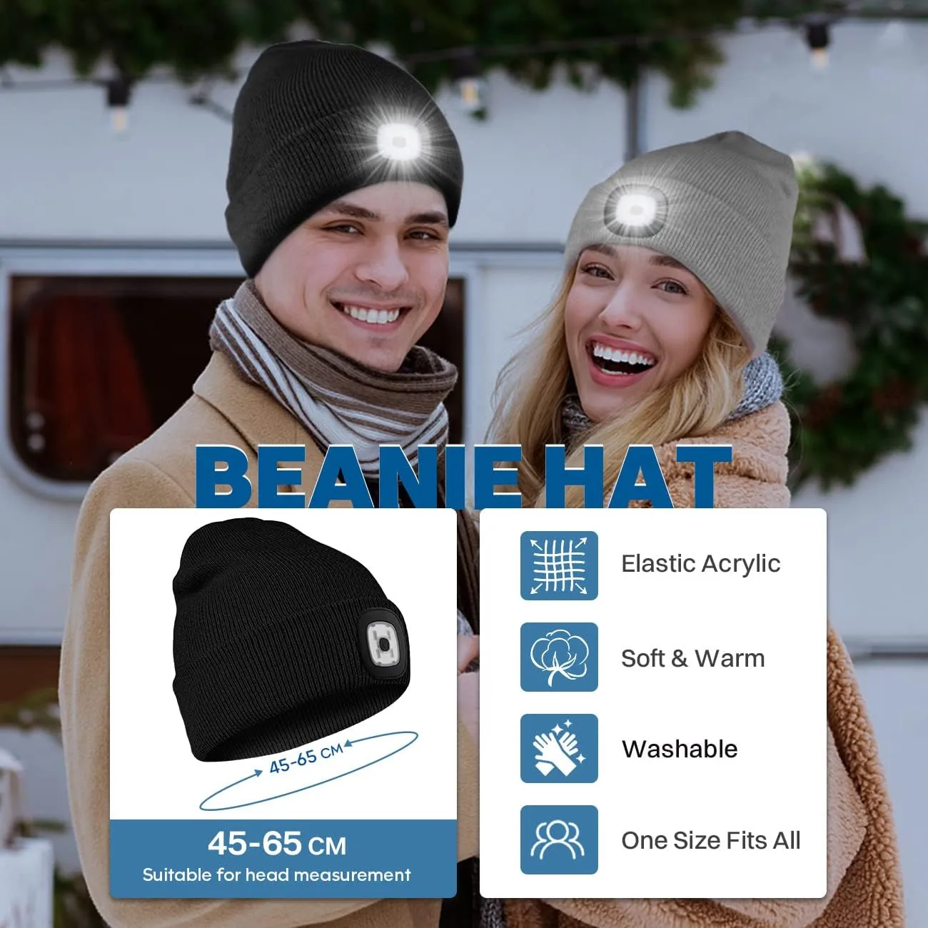 Bosttor LED Beanie Hat with Light 2 Pack, Headlamp Cap, Unisex Winter Knitted Hats Headlight Flashlight Gifts for Men Women
