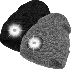 Bosttor LED Beanie Hat with Light 2 Pack, Headlamp Cap, Unisex Winter Knitted Hats Headlight Flashlight Gifts for Men Women