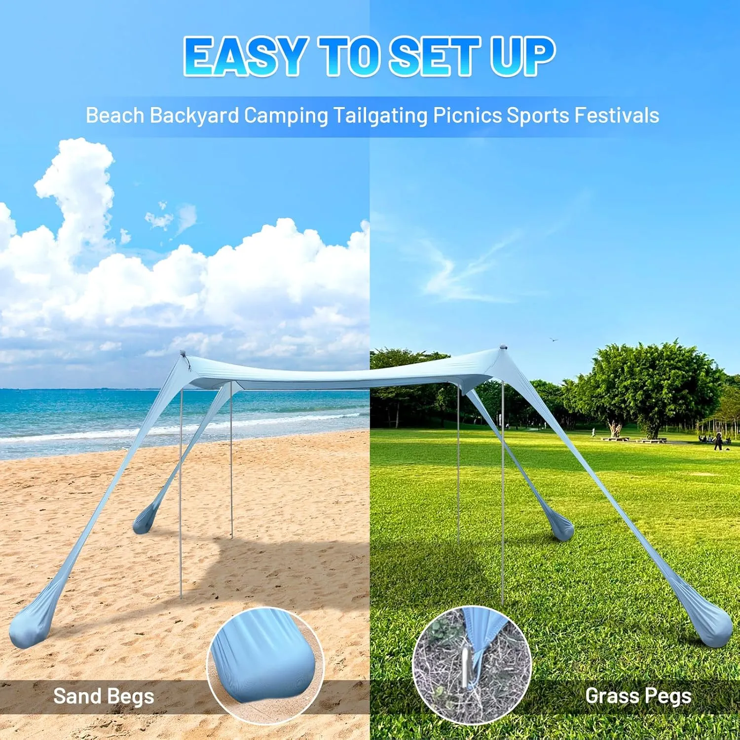 BOTINDO Family Beach Tent Canopy Sun Shade, Pop Up Grande Beach Tent Sun Shelter Stability 4 Poles with Portable Carry Bag Outdoor Shade for Fishing Backyard Camping (Light Blue, 10x10FT 4Pole)