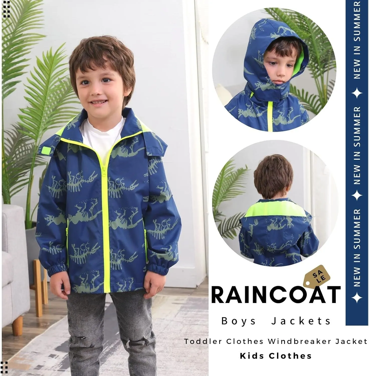 Boys Rain Jacket with Detachable Hood Lightweight Raincoats for Kids