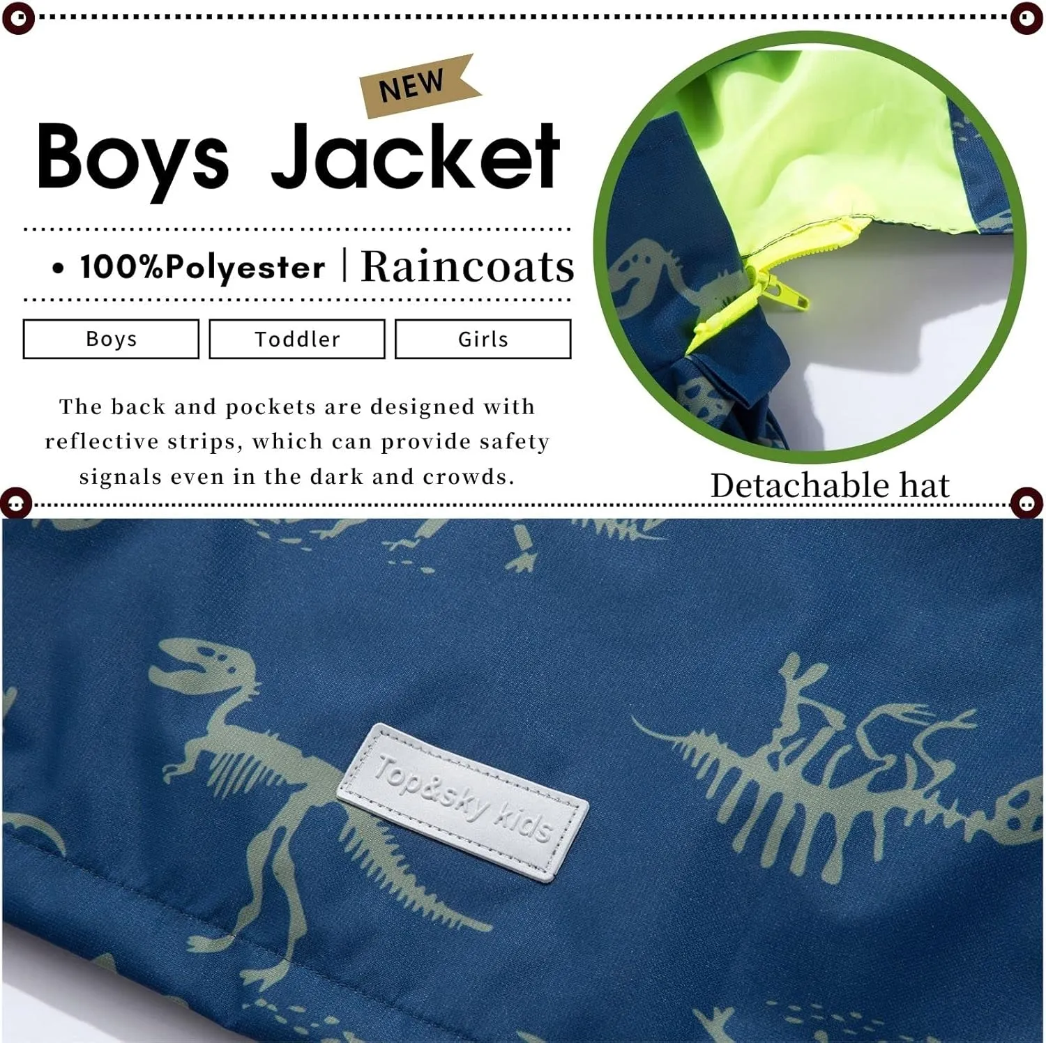 Boys Rain Jacket with Detachable Hood Lightweight Raincoats for Kids