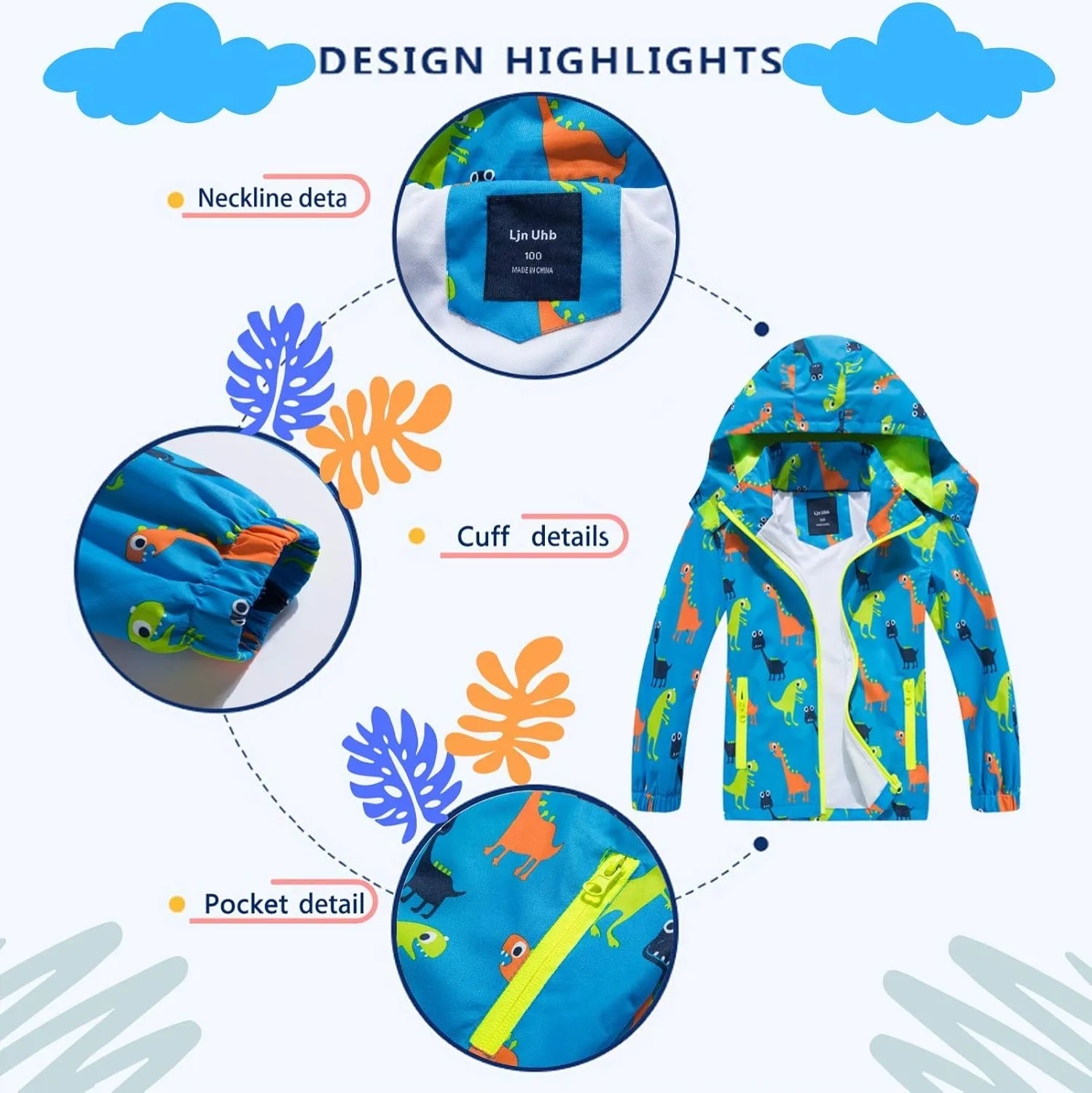 Boys Rain Jacket with Detachable Hood Lightweight Raincoats for Kids
