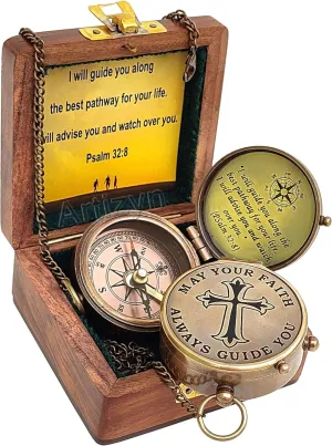 Brass & Wooden Box Compass, 'I Will Guide You' Model, Jewelled Needle, Corrosion Resistant, Perfect for Hiking, Camping, Gift