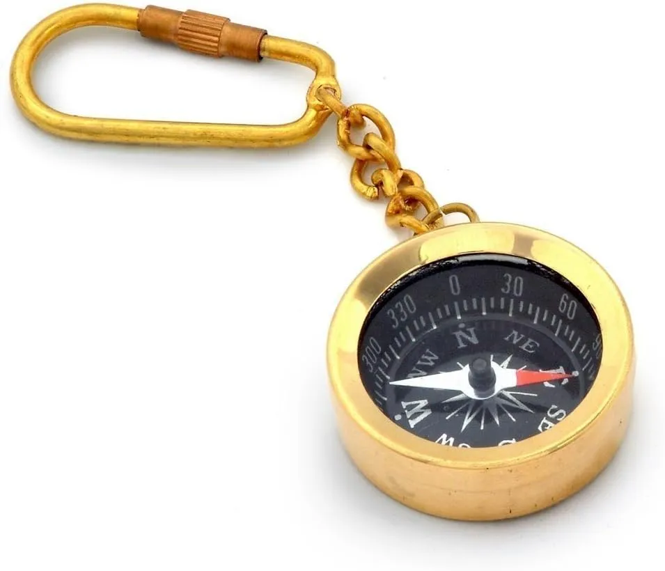 Brass Compass Keychain with Carabiner, Vintage Style Navigation Tool, Gold Finish