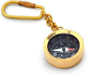 Brass Compass Keychain with Carabiner, Vintage Style Navigation Tool, Gold Finish