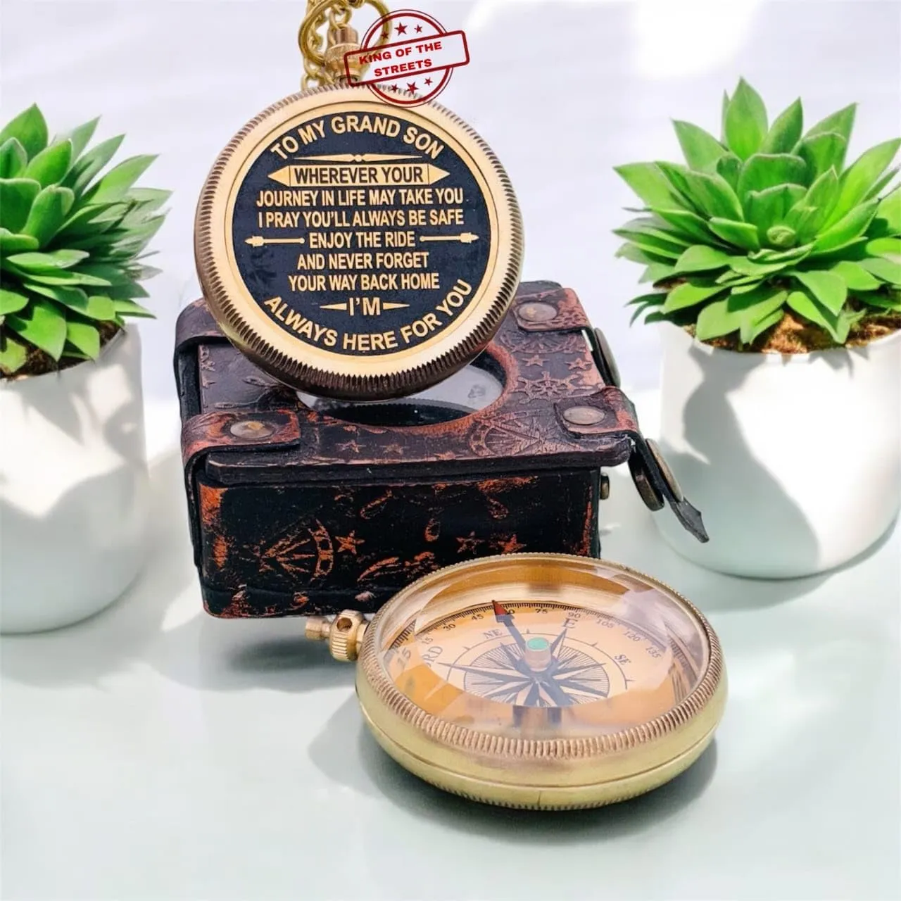 Brass Compass - Personalized Gift for Grandson - Engraved Quote - Needle Lift Mechanism - Navigation Compass