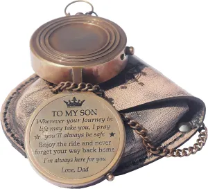 Brass Engrved Compass for Men, Pocket Compass with Leather Case, Antique Handmade Religious Gift Idea for Graduation, Communion, Baptism (to My Son, Love Dad)