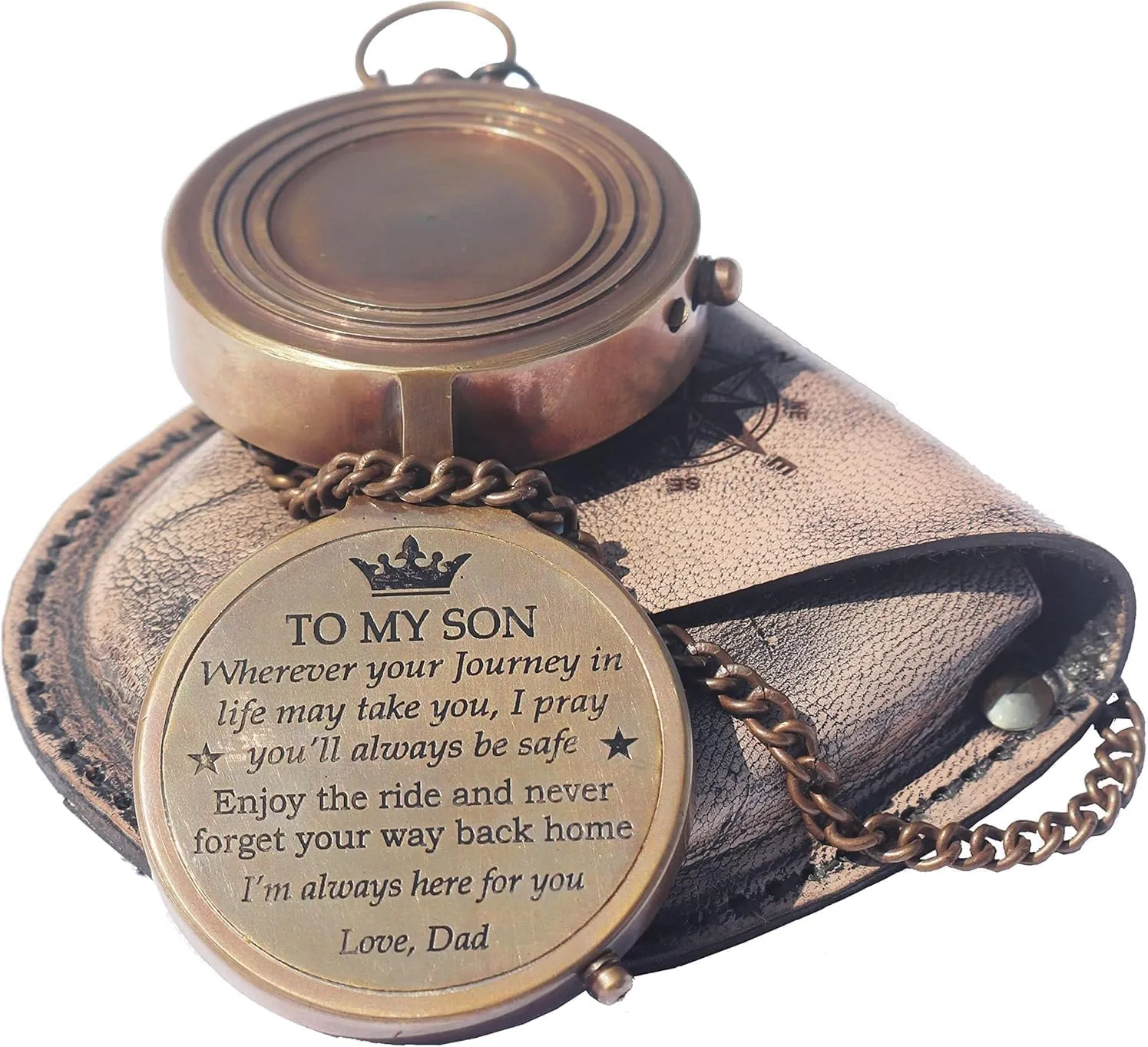 Brass Engrved Compass for Men, Pocket Compass with Leather Case, Antique Handmade Religious Gift Idea for Graduation, Communion, Baptism (to My Son, Love Dad)