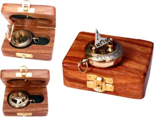 Brass Nautical Compass with Wooden Case - Antique Brass & Copper Sun Clock for Camping, Hiking, Touring - Engraved Gift for Him - Nautical Clock - Compass Gift