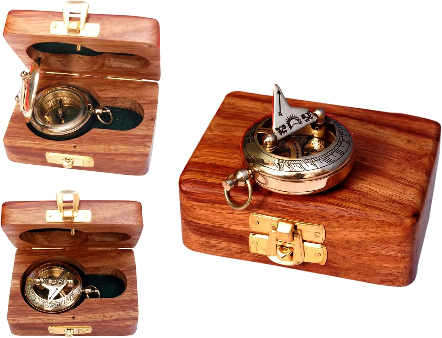Brass Nautical Compass with Wooden Case - Antique Brass & Copper Sun Clock for Camping, Hiking, Touring - Engraved Gift for Him - Nautical Clock - Compass Gift