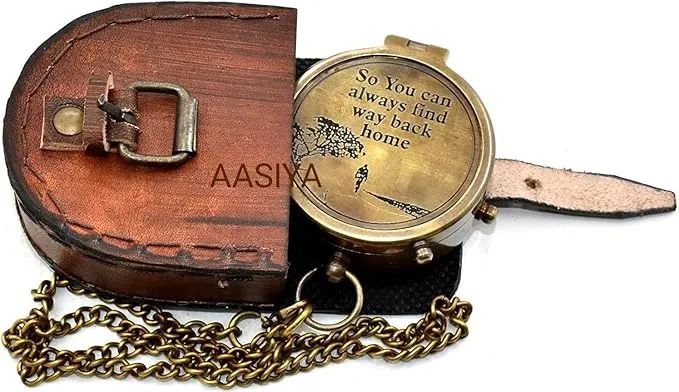 Brass Nautical Portable Pocket Compass with Chain and Leather Case for Travel Hiking Quote Engravable Outdoor Compass