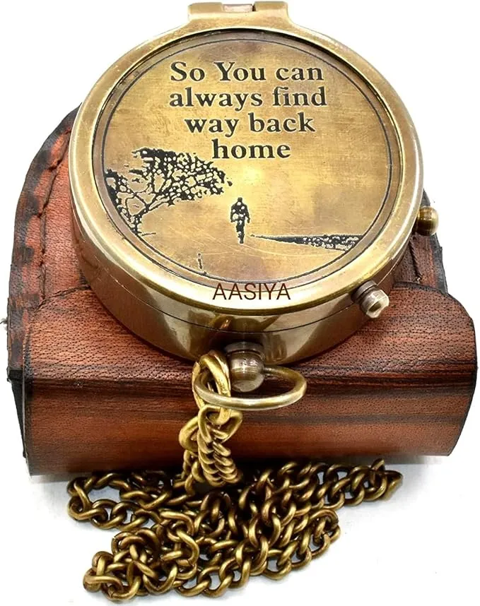 Brass Nautical Portable Pocket Compass with Chain and Leather Case for Travel Hiking Quote Engravable Outdoor Compass