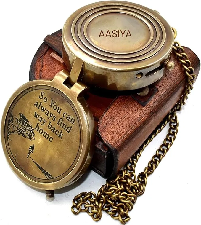 Brass Nautical Portable Pocket Compass with Chain and Leather Case for Travel Hiking Quote Engravable Outdoor Compass