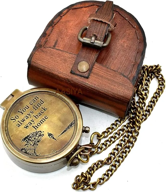 Brass Nautical Portable Pocket Compass with Chain and Leather Case for Travel Hiking Quote Engravable Outdoor Compass