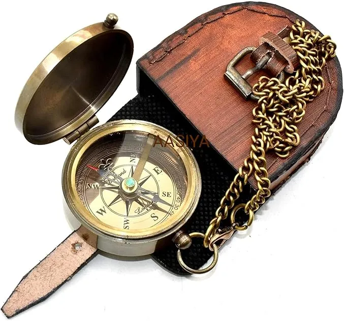 Brass Nautical Portable Pocket Compass with Chain and Leather Case for Travel Hiking Quote Engravable Outdoor Compass