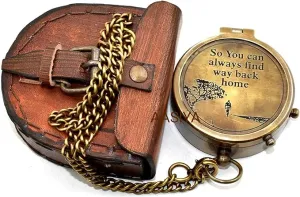 Brass Nautical Portable Pocket Compass with Chain and Leather Case for Travel Hiking Quote Engravable Outdoor Compass