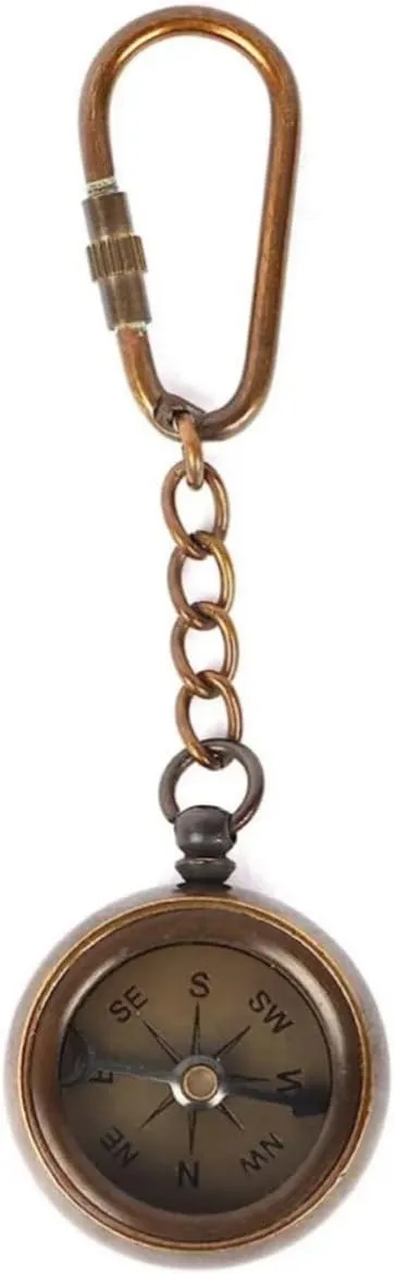 Brass Pocket Compass with Chain, 6 x 3.5 x 1 inches, Brown
