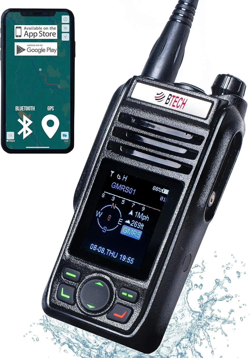BTECH GMRS-PRO 5W Long-Range GMRS Radio – IP67 Waterproof, Bluetooth VOX, GPS, Texting, NOAA, Compass, Dual-Band Scanner, Off-Grid Location Sharing, Two-Way Walkie Talkie