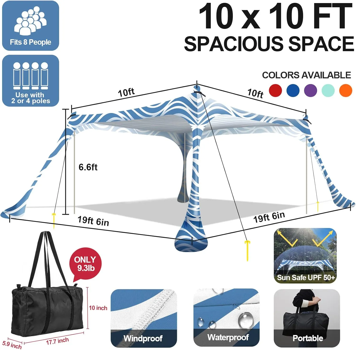 Buheco Beach Tent Pop Up Shade 10x10ft Beach Canopy Sun Shelter UPF50  with 4 Foldable Poles-Portable Carrying Bag-Sand Shovel-Ground Pegs-Windproof Ropes for Outdoor Family Camping-Fishing- Picnic