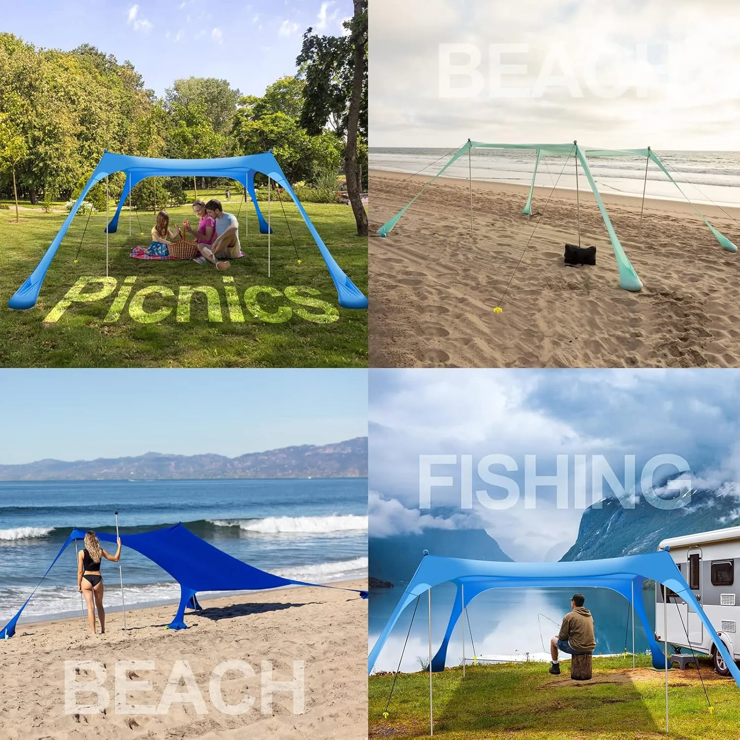 Buheco Beach Tent Pop Up Shade 10x10ft Beach Canopy Sun Shelter UPF50  with 4 Foldable Poles-Portable Carrying Bag-Sand Shovel-Ground Pegs-Windproof Ropes for Outdoor Family Camping-Fishing- Picnic