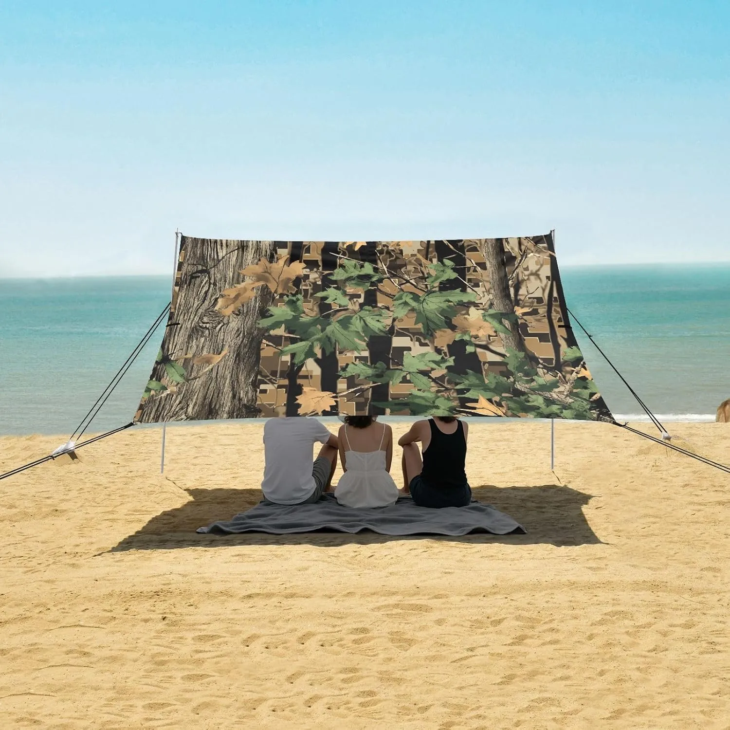 Camouflage Tree Forest Pattern Beach Canopy Tent Anti-UV & Wind Resistant, Camping Sun Shelter Easy Setup Portable,Outdoor Shade Tents with Sandbags,Sand Shovels,Ground Pegs & Stability Poles