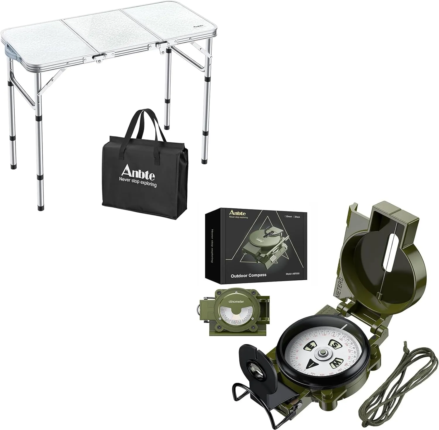Camping Folding Table & Hiking Compass with Clinometer, Strong Magnetic Intensity 3000 Gauss