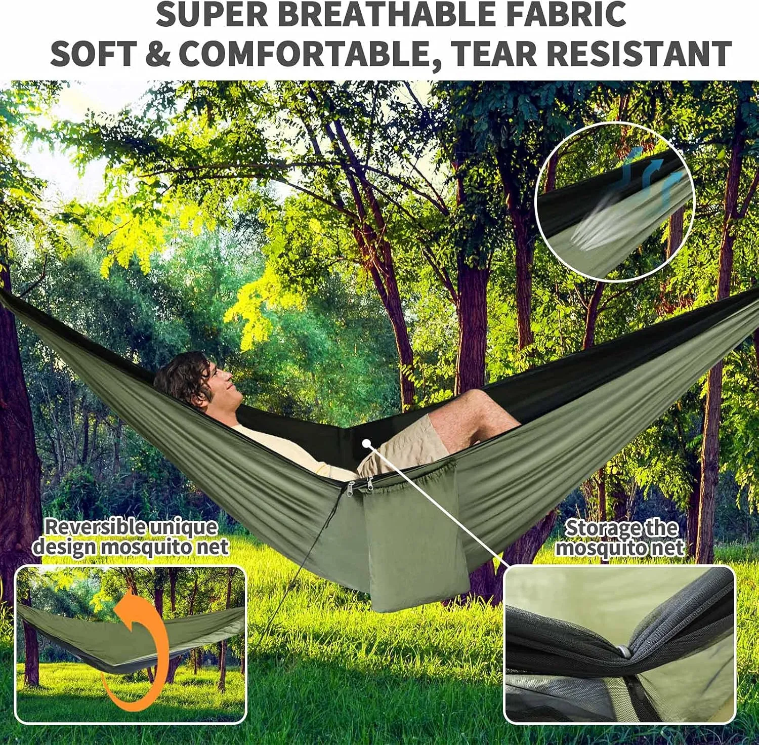 Camping Hammock - Hammocks with Mosquito Net Tent and Rain Fly Tarp, Portable Single & Double Nylon Parachute Hammock with Heavy Duty Tree Strap, Indoor Outdoor Backpacking Survival Travel