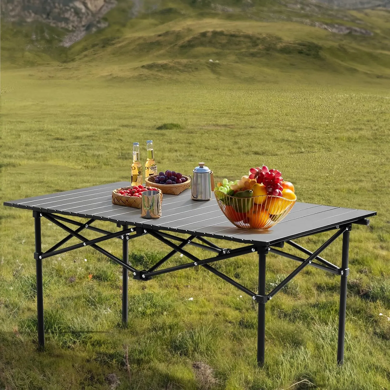 Camping Table Folding Portable Camp Fold Up Aluminum Lightweight with Carry Bag,Ultralight Collapsible Outdoor Camp Roll Up Table for Travel Hiking Beach Backyard BBQ Party,37x20 in, Black