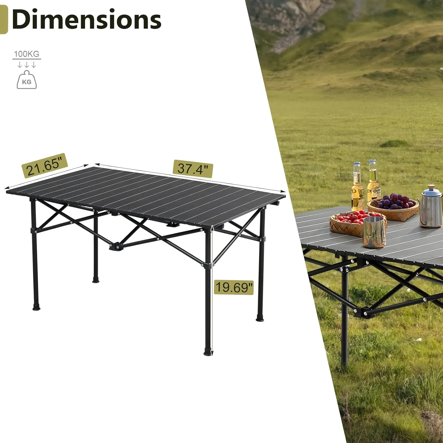 Camping Table Folding Portable Camp Fold Up Aluminum Lightweight with Carry Bag,Ultralight Collapsible Outdoor Camp Roll Up Table for Travel Hiking Beach Backyard BBQ Party,37x20 in, Black