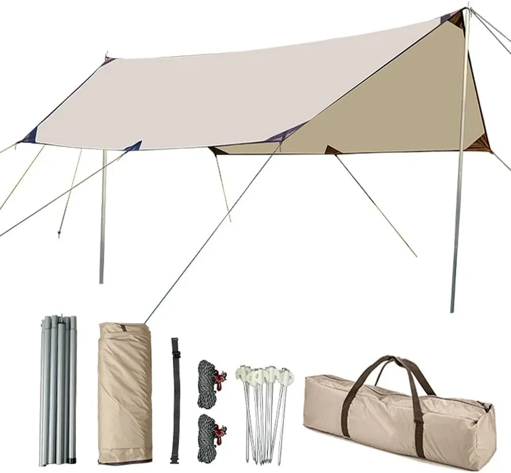 Camping Tarp 10×10ft with Poles Hammock Rain Fly Backpacking PU 3000mm Waterproof UV Protection with Tent Stakes, Ropes, Tensioners and Carry Bag for Camping,Hiking,Backpacking,Fishing(Size:10ftx16ft)