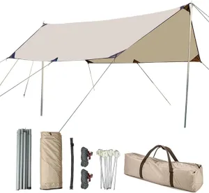 Camping Tarp 10×10ft with Poles Hammock Rain Fly Backpacking PU 3000mm Waterproof UV Protection with Tent Stakes, Ropes, Tensioners and Carry Bag for Camping,Hiking,Backpacking,Fishing(Size:10ftx16ft)