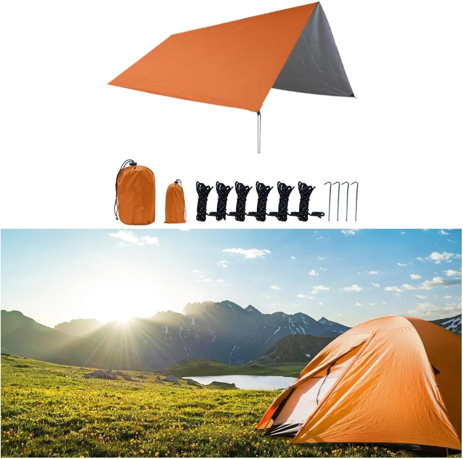 Camping Tarp Rain Shelter Rainproof Compact Hammock Tarp Tent Tarp Camping Canopy for Garden BBQ Hiking Traveling Backpacking, Orange