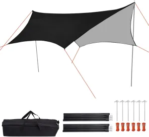 Camping tarp Waterproof, 15x15 ft Hammock Rain Fly, Mutifunctional Tent with Poles, Stakes and Ropes Included Footprint Lightweight Tarp for Camping, Hiking and Survival Shelter
