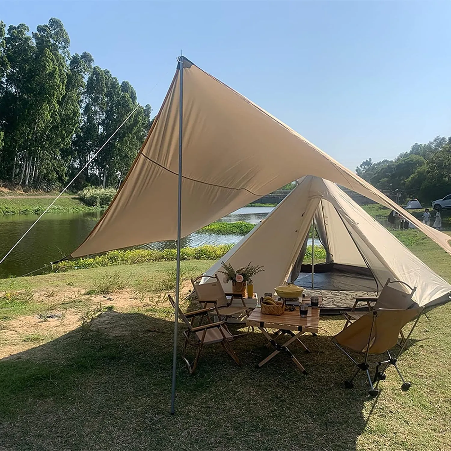 Camping tarp Waterproof, 15x15 ft Hammock Rain Fly, Mutifunctional Tent with Poles, Stakes and Ropes Included Footprint Lightweight Tarp for Camping, Hiking and Survival Shelter