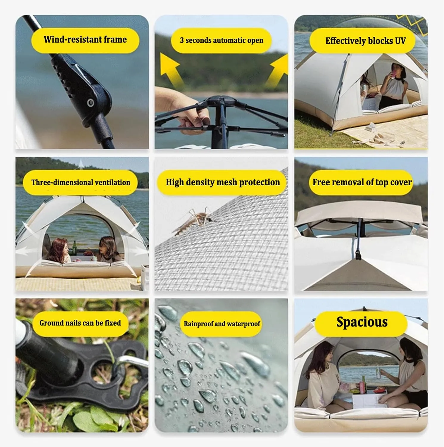 Camping Tent 3 Person, Instant Pop Up Tent Portable Dome Tents for Camping, Waterproof Windproof UV Backpacking Tent, for Trekking, Camping, Beach, Adventure, Sleepovers