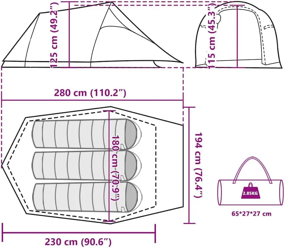 Camping Tent Tunnel 3-Person Olive Green Waterproof vidaXL vidaXL