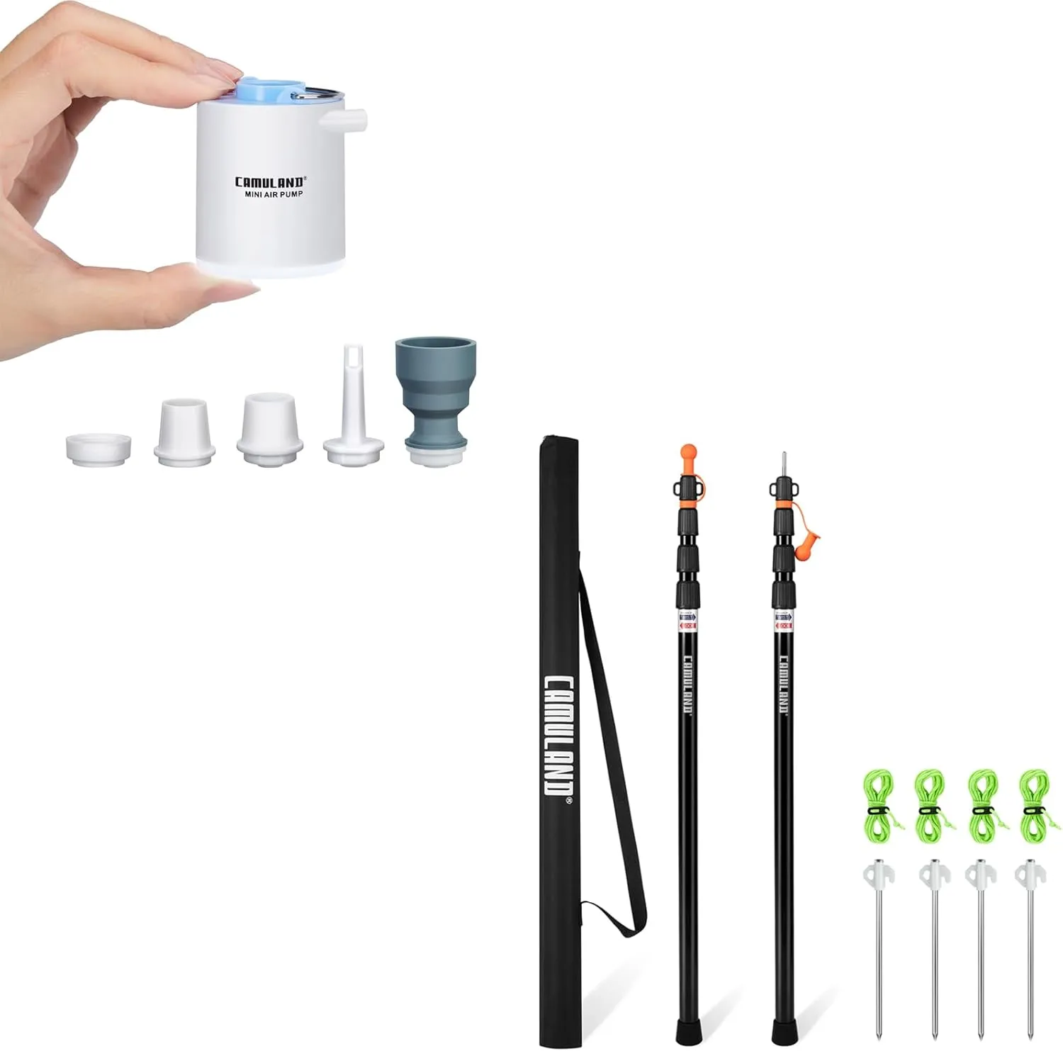 CAMULAND Tent Poles for Tarp   Mini Air Pump, Telescoping Camping Gear Accessories Stakes for Hammock Rain Fly Sun Shade Adjustable Lightweight Aluminum Set