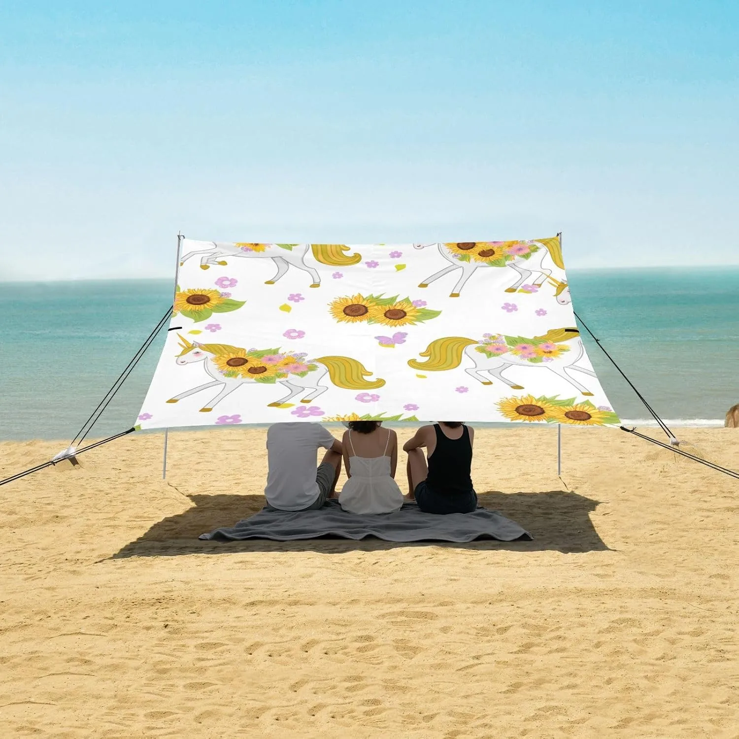 Canopy Tent Beach Whimsical Unicorns Sunflowers Outdoor Patio Sun Shade 9.2 × 10.5 FT Print Camping Shelter Backyard Windproof with Poles Sand Anchor