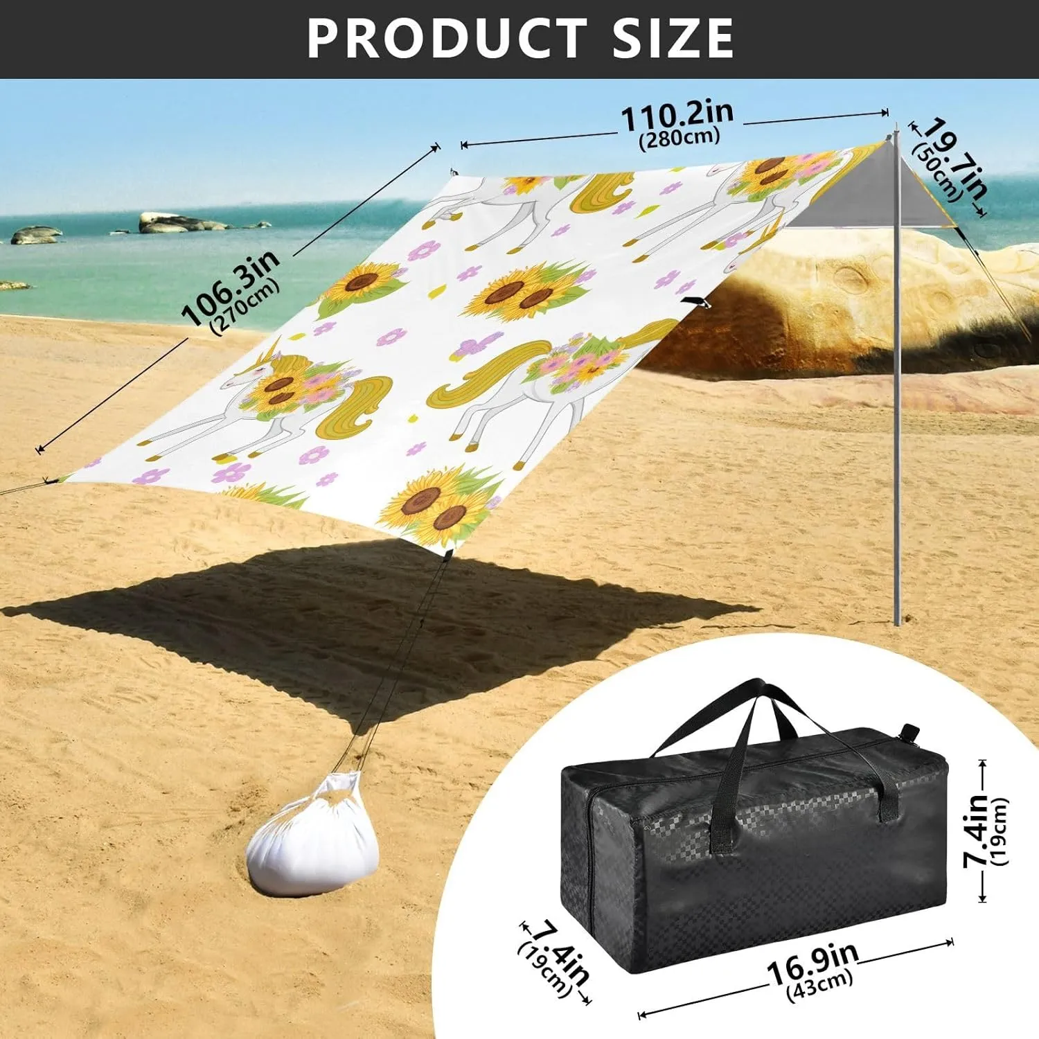 Canopy Tent Beach Whimsical Unicorns Sunflowers Outdoor Patio Sun Shade 9.2 × 10.5 FT Print Camping Shelter Backyard Windproof with Poles Sand Anchor